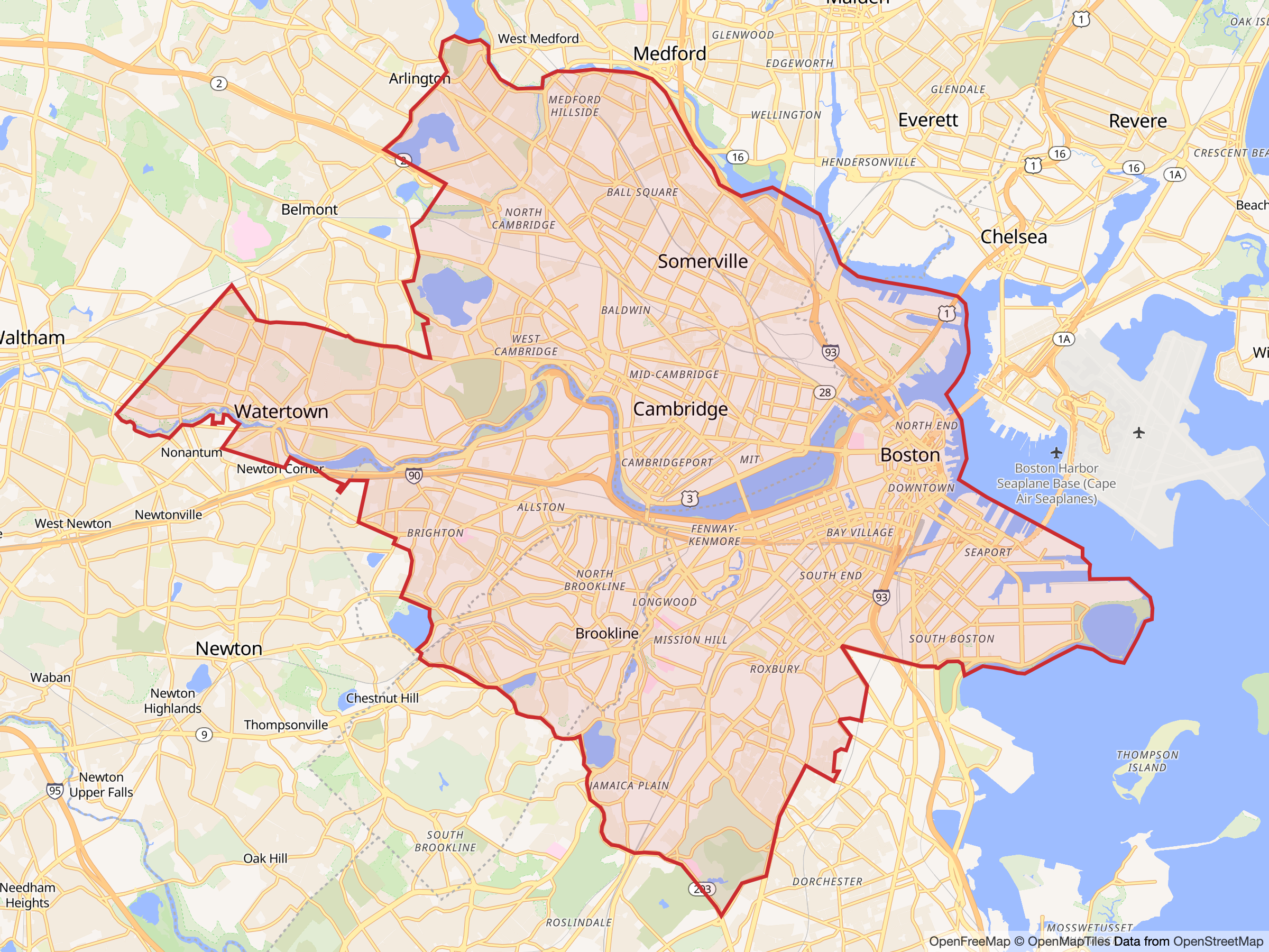 NEMO service area map covering Boston, Cambridge, Somerville, Brookline, and Watertown